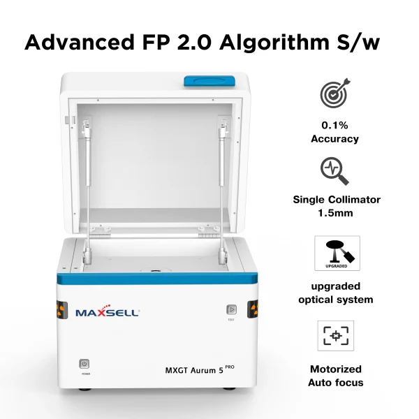 Aurum 5 Pro gold testing machine with Advanced FP 2.0 algorithm, 0.1% accuracy, single collimator 1.5mm, upgraded optical system, and motorized autofocus