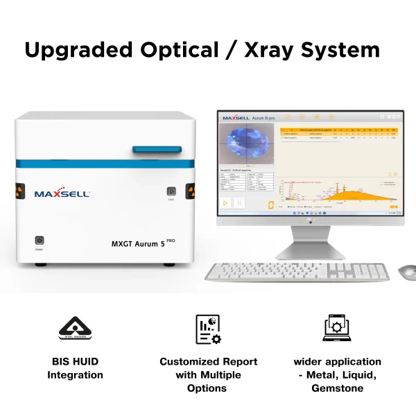 Aurum 5i Pro gold testing machine with upgraded optical and X-ray system, BIS HUID integration, customized reporting, and multi-application support