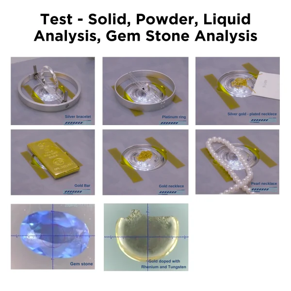 Aurum 5i Pro testing samples including silver bracelet platinum ring silver gold necklace gold bar gold necklace pearl necklace gemstone and gold doped with rhodium and tungsten