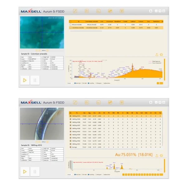 Aurum 5i FSDD gold testing machine software interface showing real time gold purity and elemental analysis