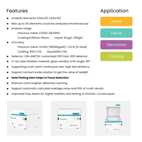 Aurum 5i FSDD gold testing machine features and applications including metal liquid gemstone and coating analysis