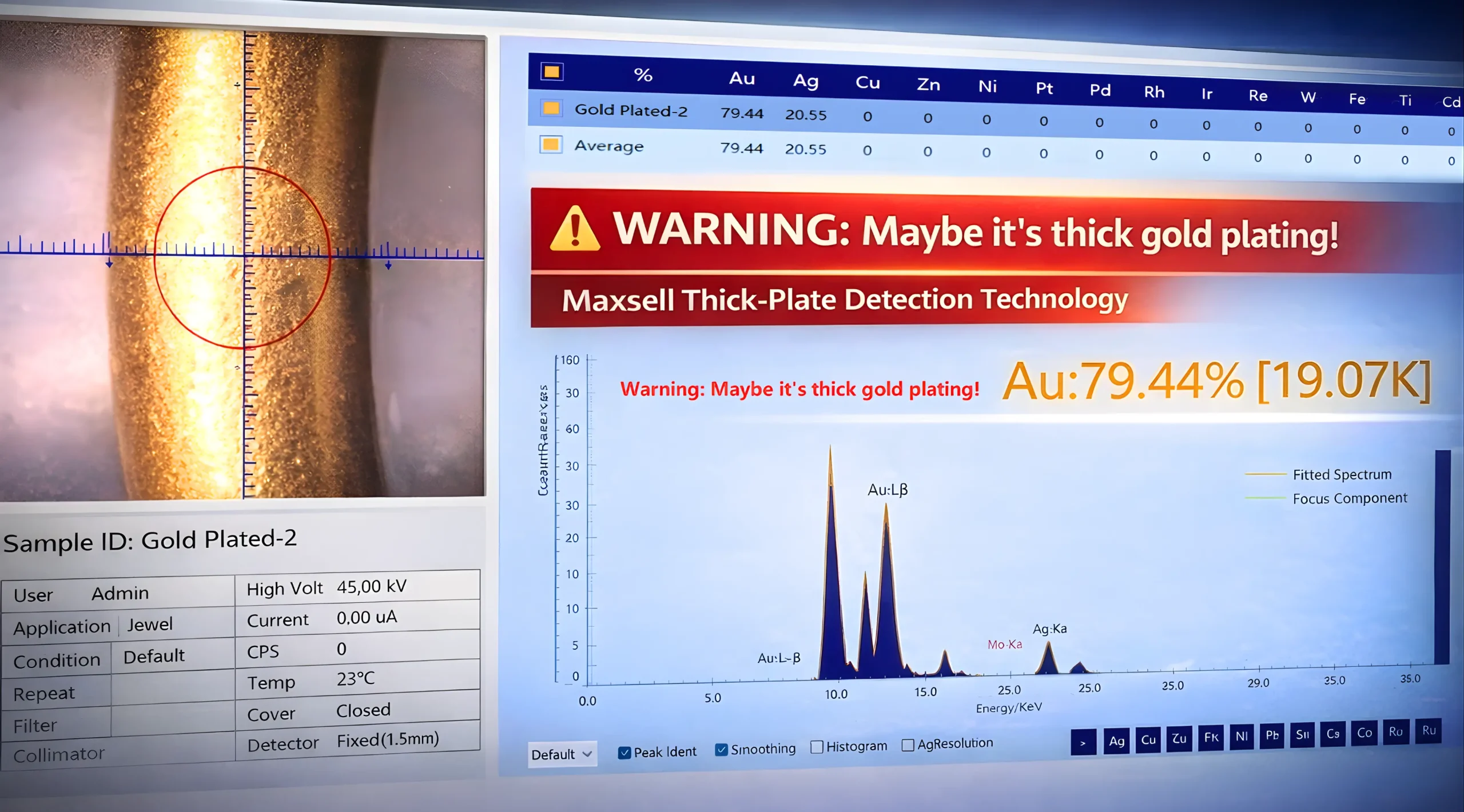 Maxsell Aurum 5 XRF gold testing machine showing warning for thick gold plating during gold purity analysis